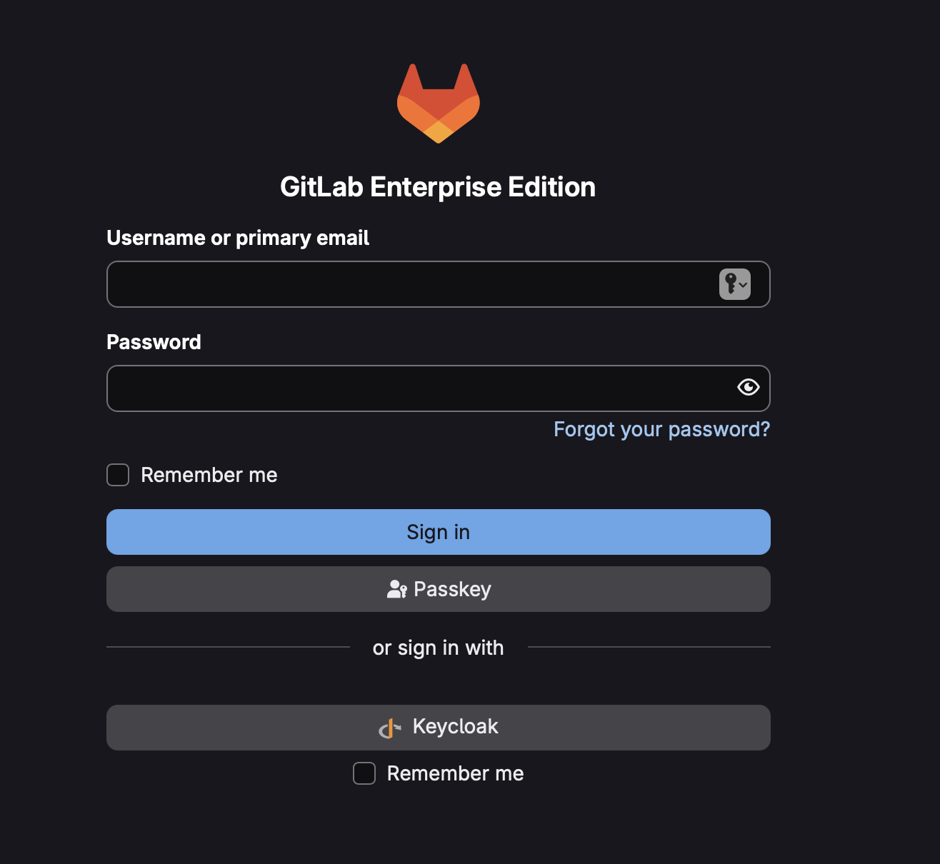 GitLab login page showing Keycloak SSO button