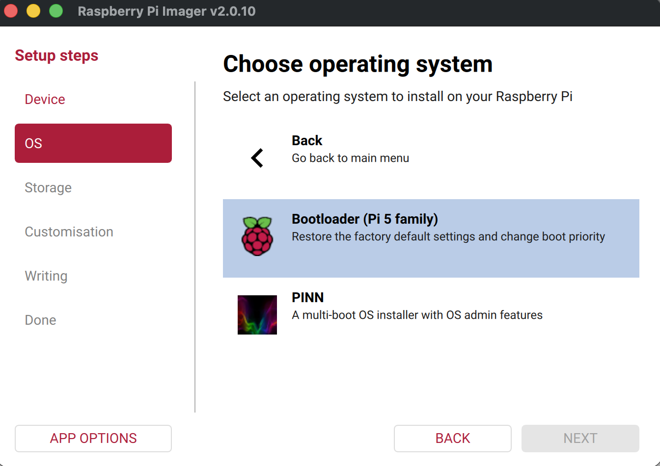 Raspberry Pi Imager — select Bootloader