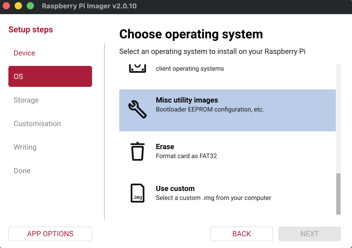 Raspberry Pi Imager — choose Misc utility images
