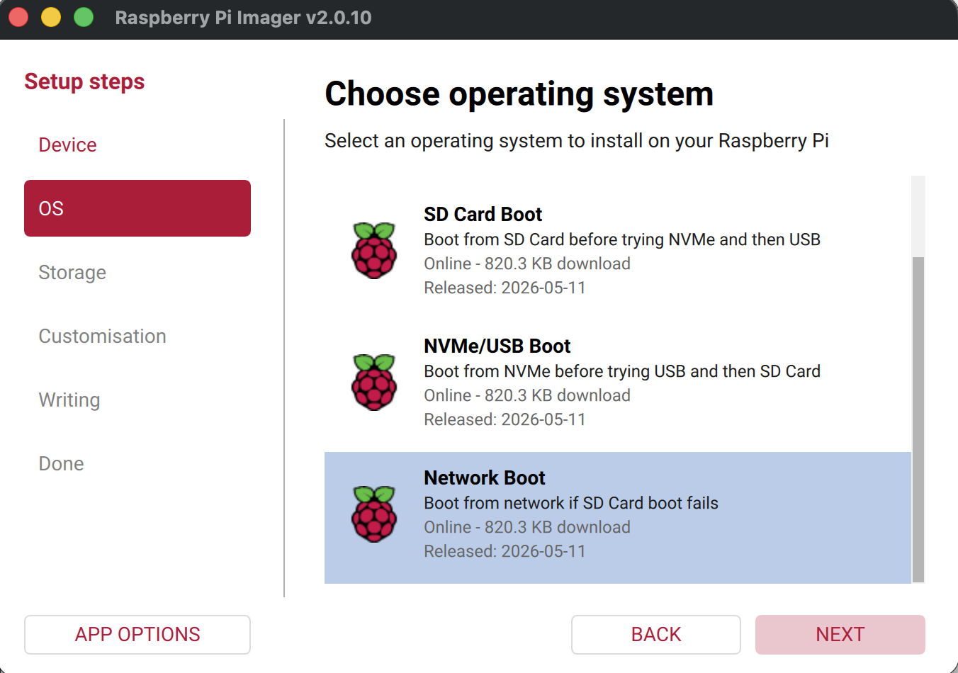 Raspberry Pi Imager — select Network Boot