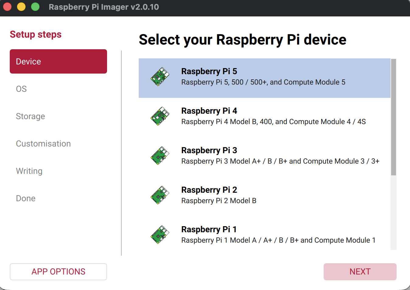 Raspberry Pi Imager — select Raspberry Pi 5